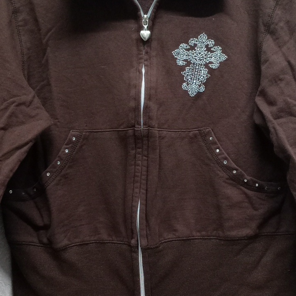 Y2K Brown Silver Bling Cross Cropped Silver Heart Zipper Full Zip Up Jacket - Picture 3 of 6